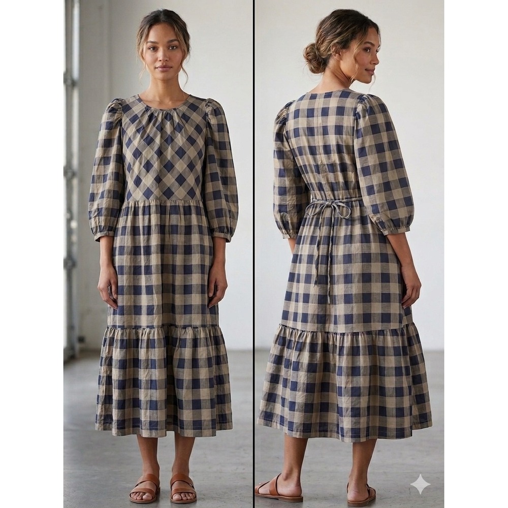 Summersalt Maxi Dress Blue Gold Check Gingham Plaid NWT Size Med